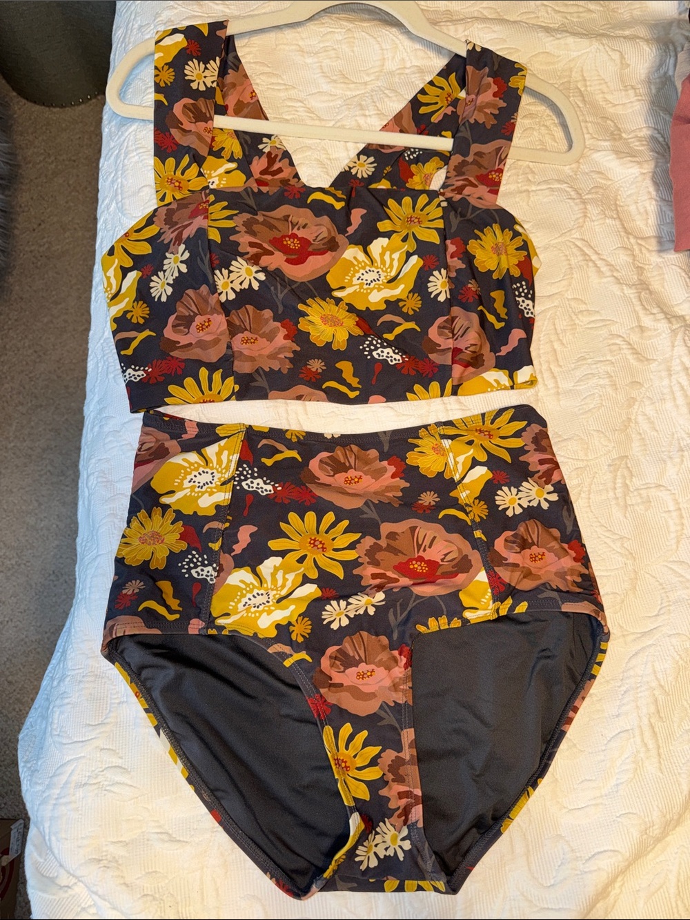 DownEast Floral Two-Piece High-Waist Swim Set in Navy, Mustard, Rust